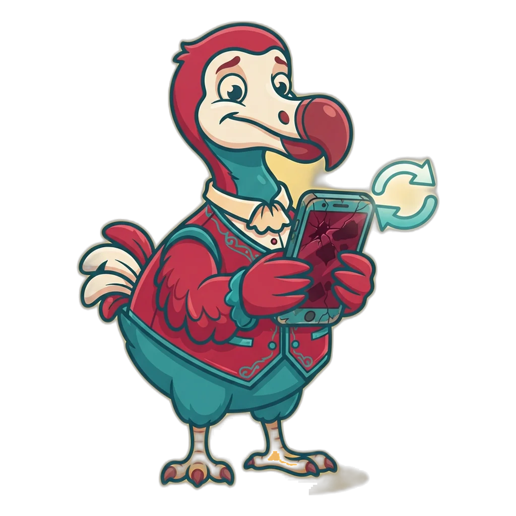 Dodo bird in a ruby waistcoat clutching an old phone beside a glowing browser update arrow