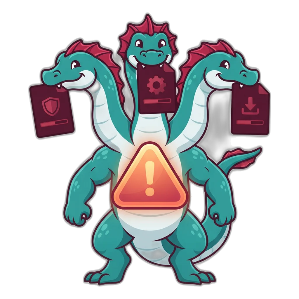 Three-headed hydra holding fake APK files tagged pro, mod and new version, as a warning