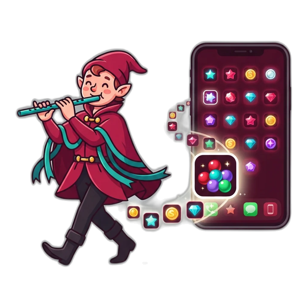 A flute-playing piper leads app icons onto a home screen for the 6E Club app download