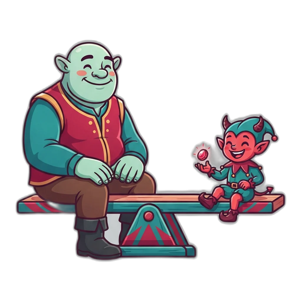 Ogre and imp balanced on a seesaw marked Big and Small in big small colour prediction
