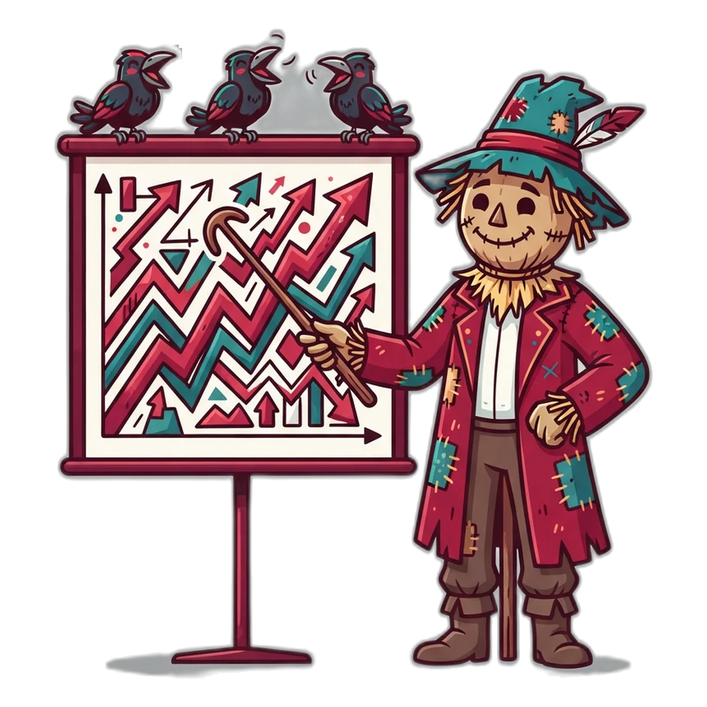 Scarecrow pointing at a trend chart covered in arrows drawn after the results