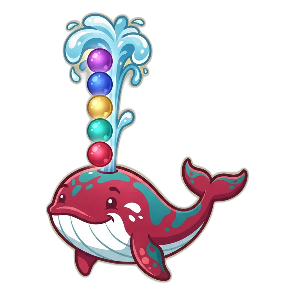 Whale lifting five glowing balls on its water spout, one ball for each Big digit
