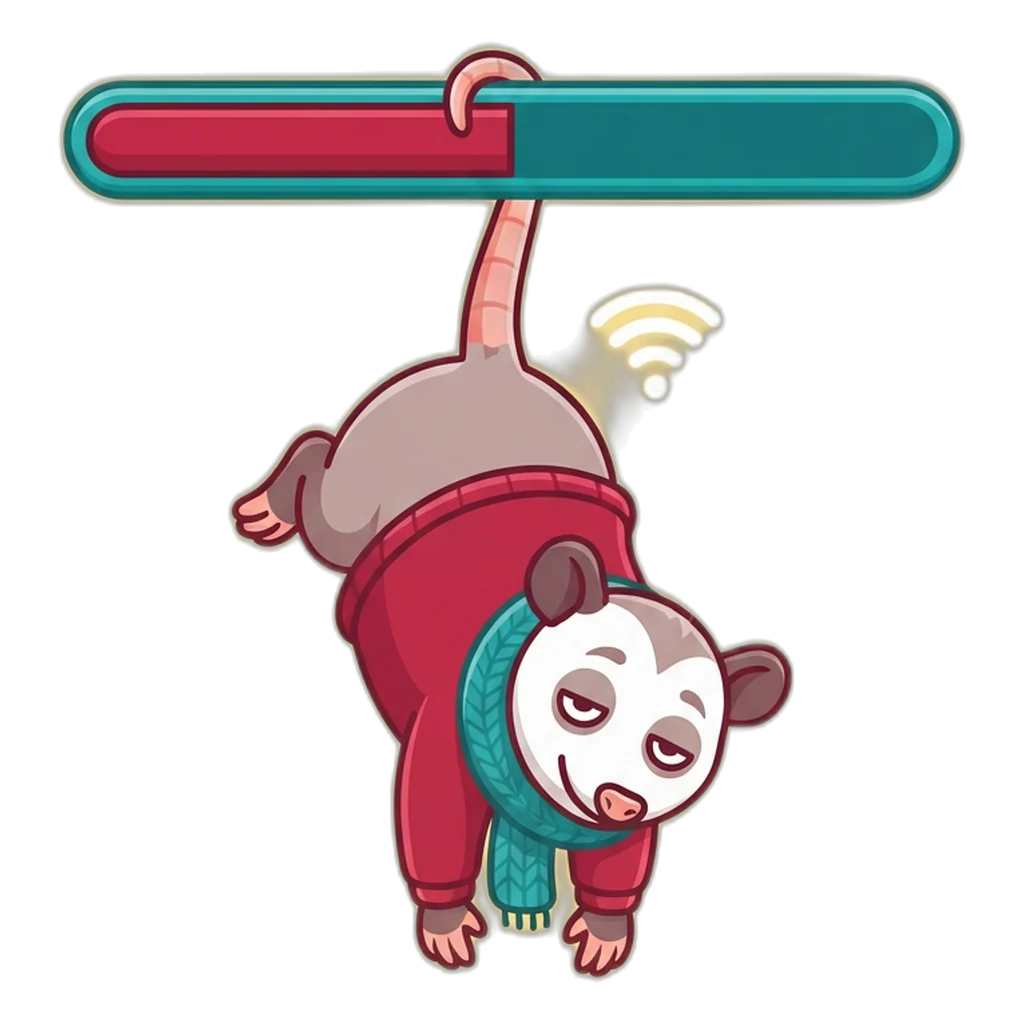 Opossum hanging from a loading bar on a phone screen with Wi-Fi and data icons