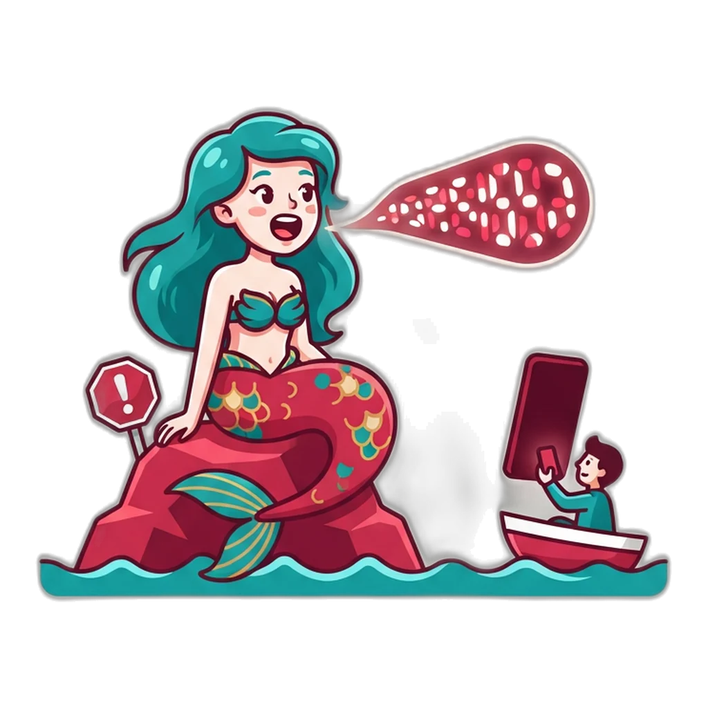 Sea siren singing a fake helpline number toward a phone, with a warning sign