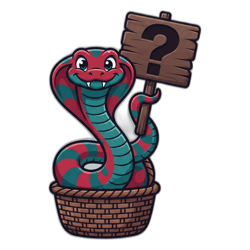 Cobra rising from a woven basket, holding up a large question mark sign