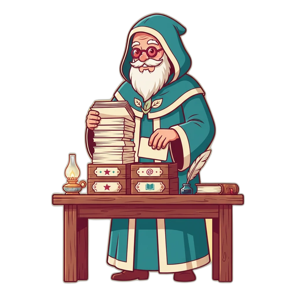 Druid librarian sorting a tall stack of answer cards into topic trays