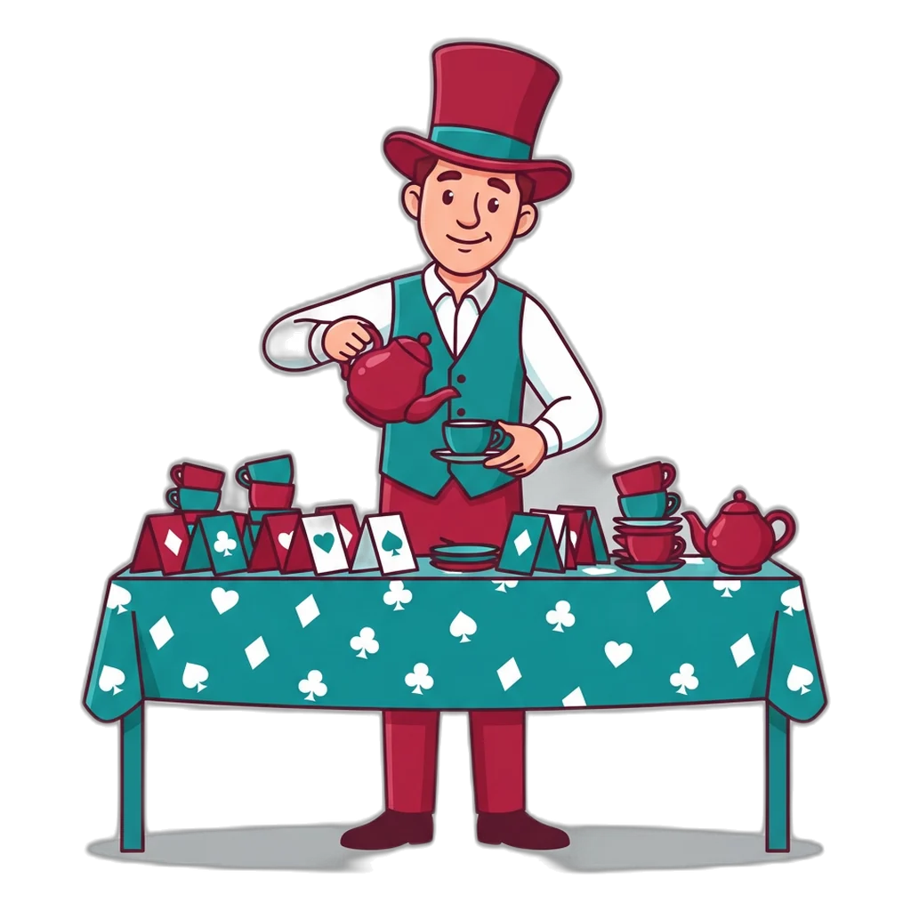 Hatter host pouring tea at a table covered in 6E Club FAQ question cards