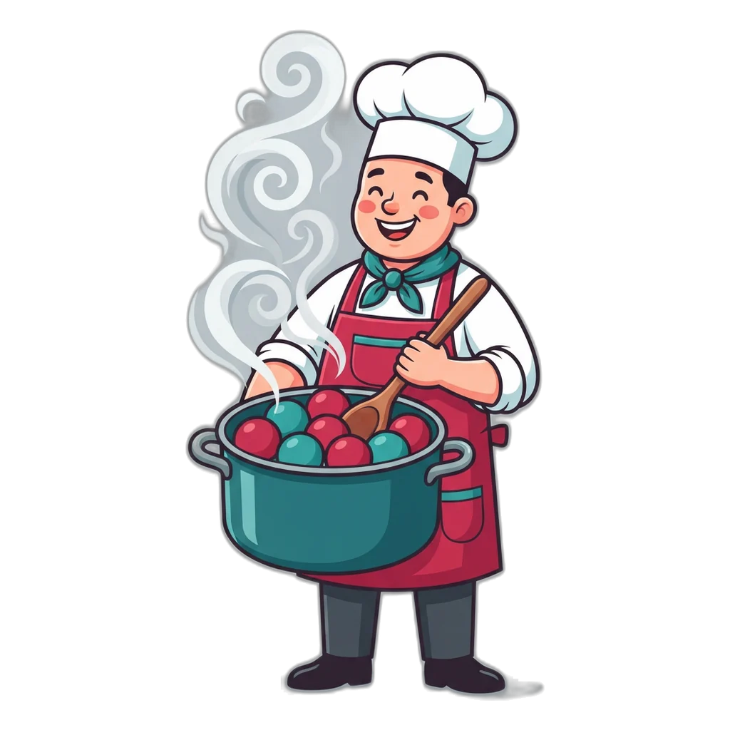 Chef in a ruby apron stirring a steaming pot of coloured balls