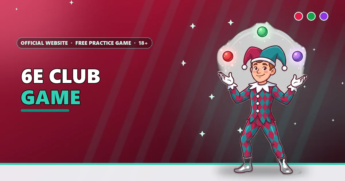 Harlequin juggling red, green and violet balls for the 6E Club game guide