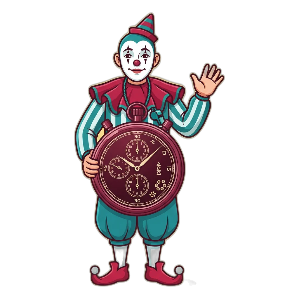 Pierrot referee holding a four-dial stopwatch for the 6E Club game rooms