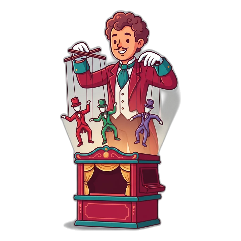 Puppeteer in a ruby coat moving red, green and violet puppets above a small stage
