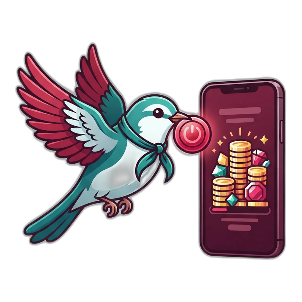 Nightingale carrying a round Reset coins button towards a phone with a full balance