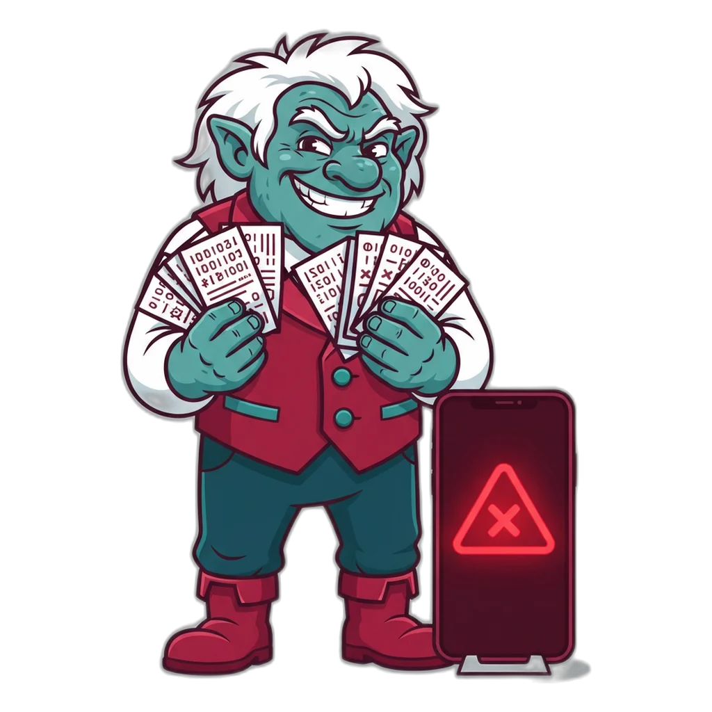 Grinning troll handing out fake code slips next to a phone with a warning sign