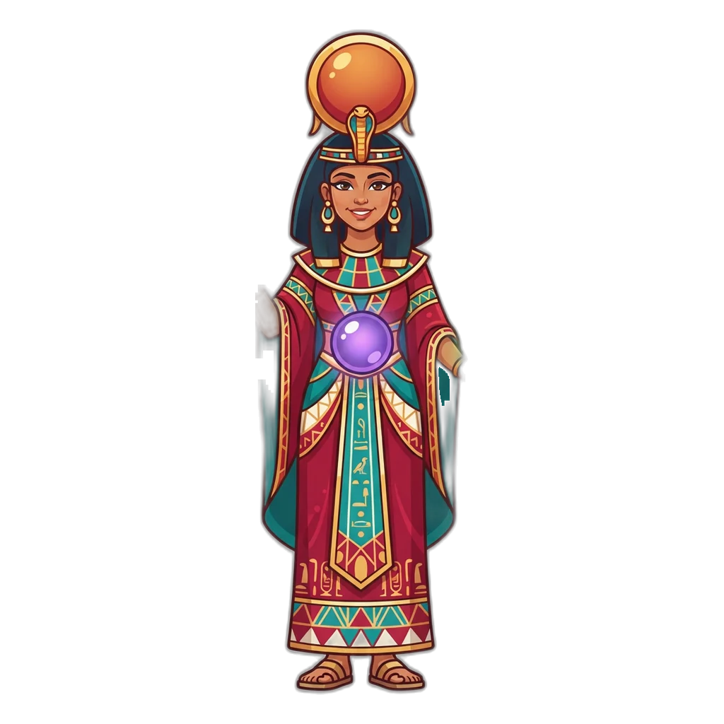 Nile queen holding red, green and violet orbs above the digits 0 to 9