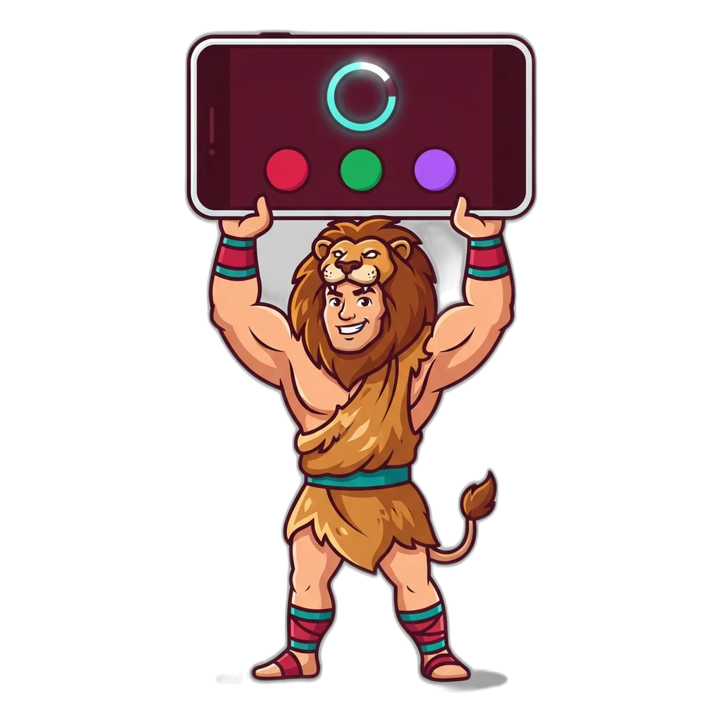 Strongman hero lifting a phone that shows the free play zone rounds
