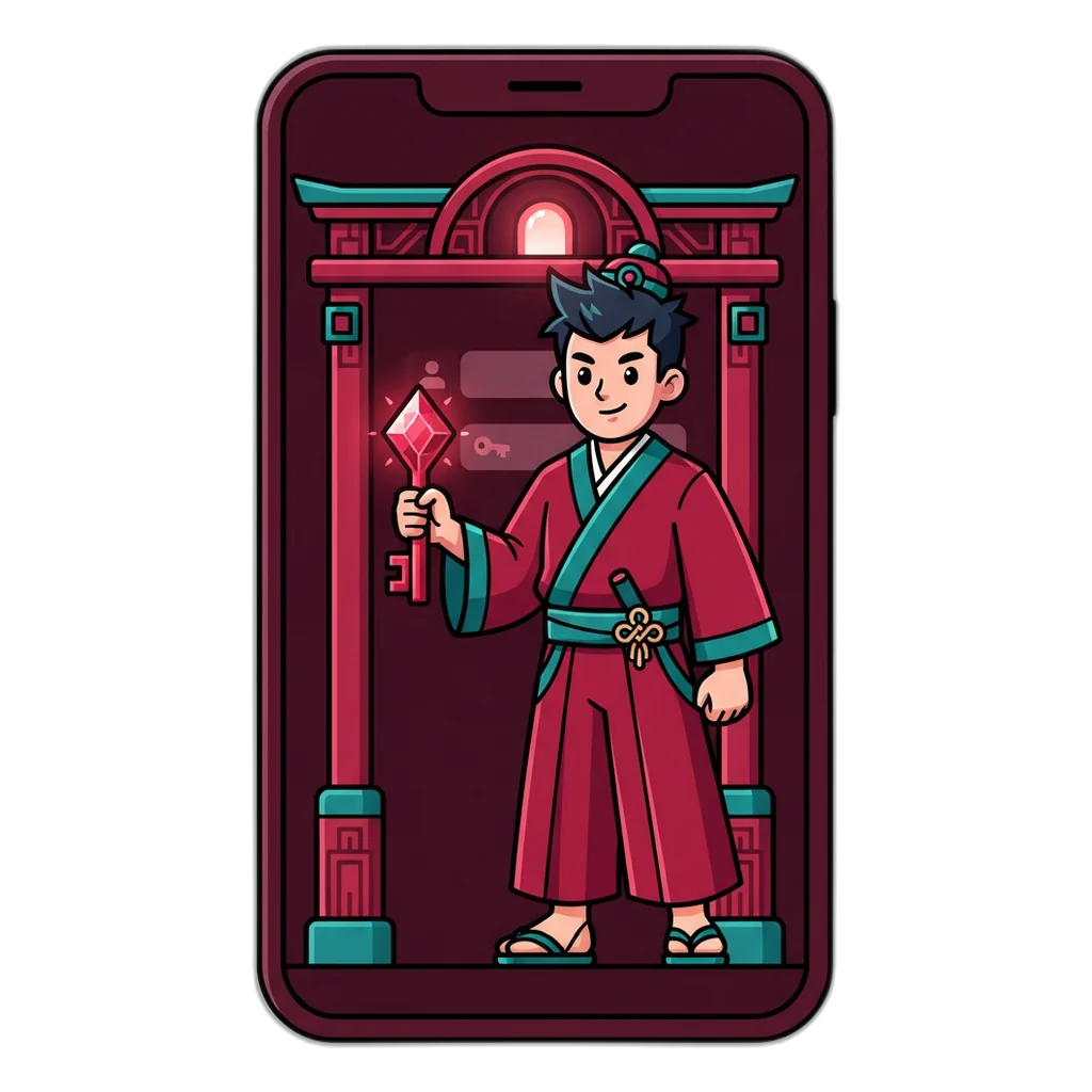 Ronin guard with a ruby key at the 6E Club login gate on a phone