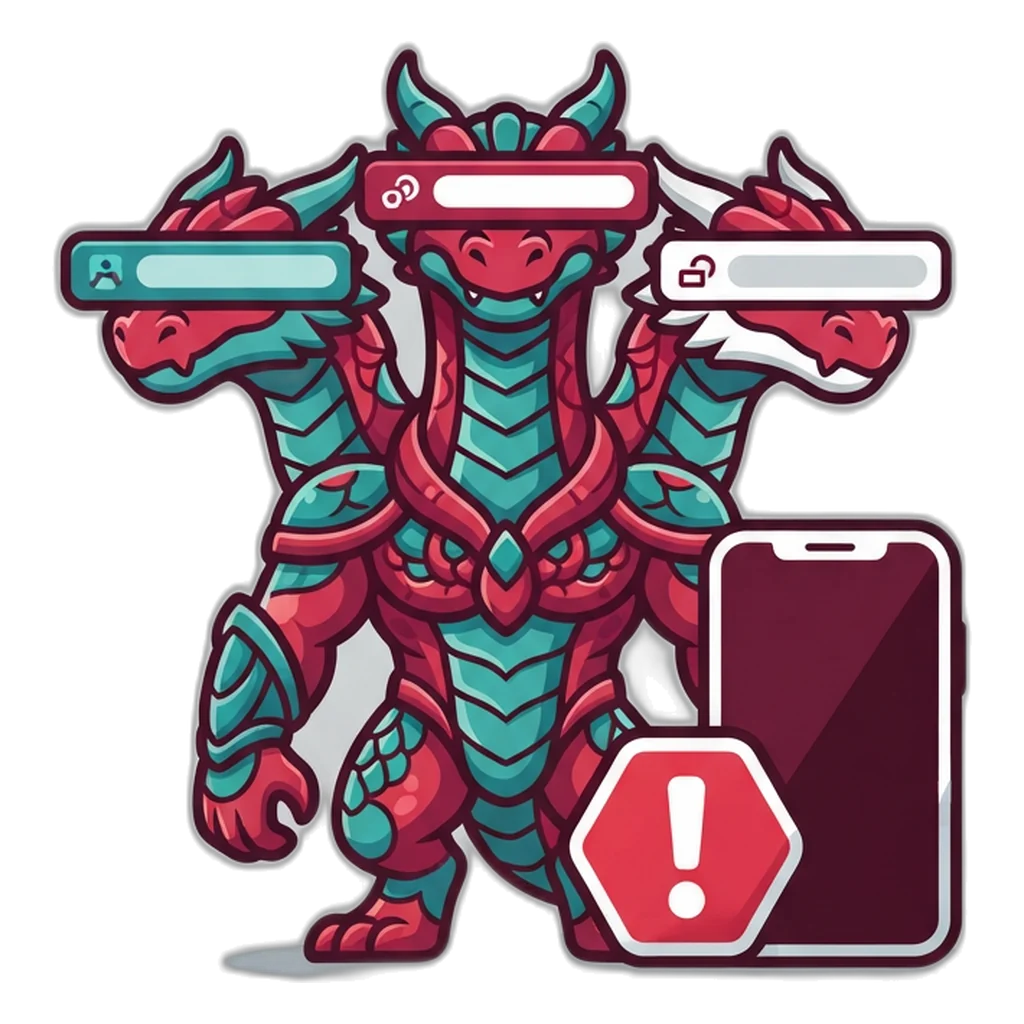 Three-headed chimera wearing look-alike website masks beside a phone address bar