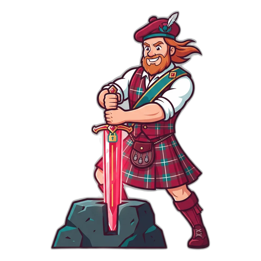Highlander pulling a ruby sword marked with the 6E Club official website address from a stone