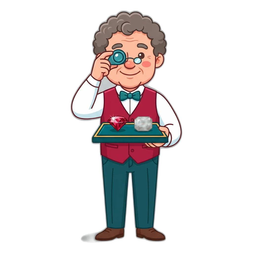 Jeweller with a loupe comparing a real ruby with a glass copy on a tray