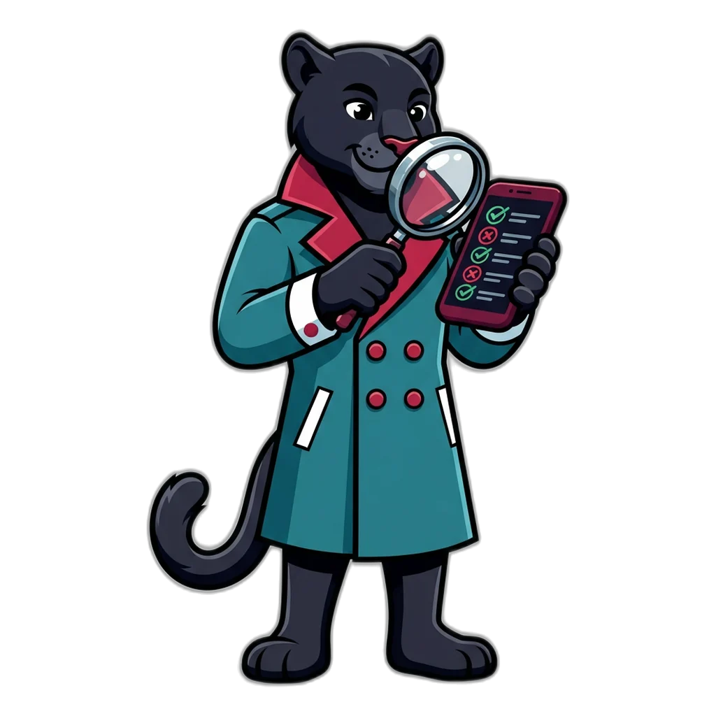 Panther inspector with a magnifier checking a colour prediction website on a phone