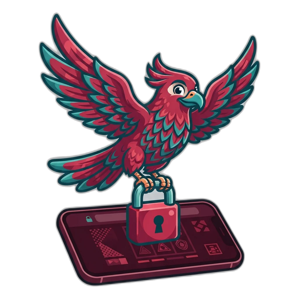 Giant roc bird carrying a padlock above a secure web address on a phone