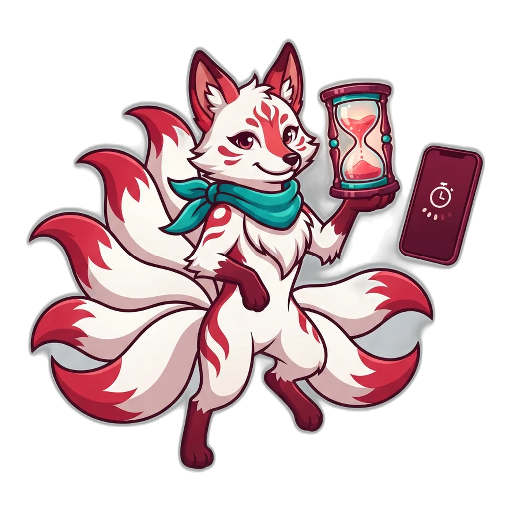 Nine-tailed fox spirit holding an hourglass as a phone timer counts down