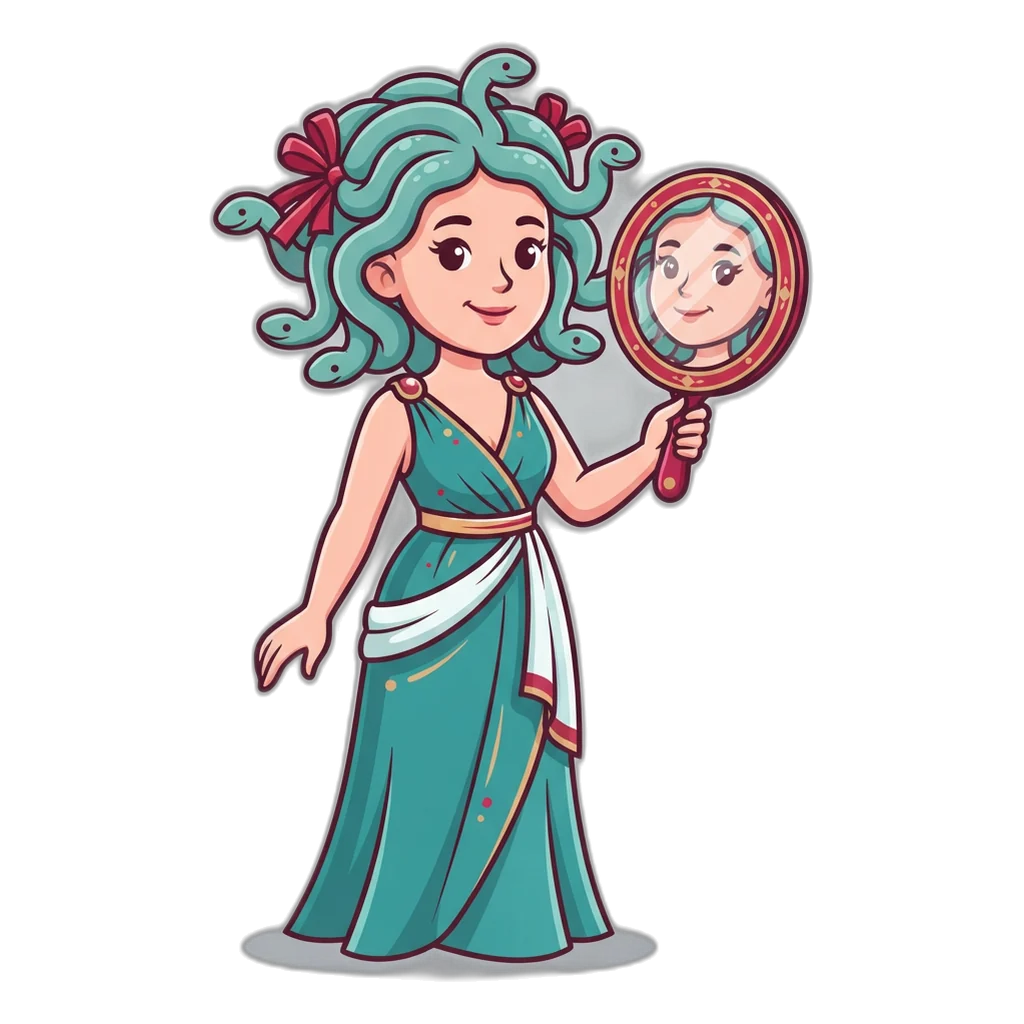 Friendly gorgon looking into a hand mirror, a calm 6E Club safety self-check moment