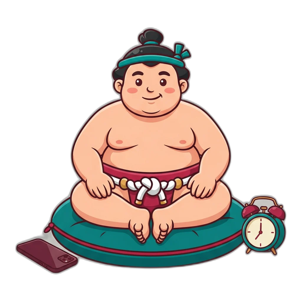 Sumo wrestler resting on a cushion beside a face-down phone during a planned break