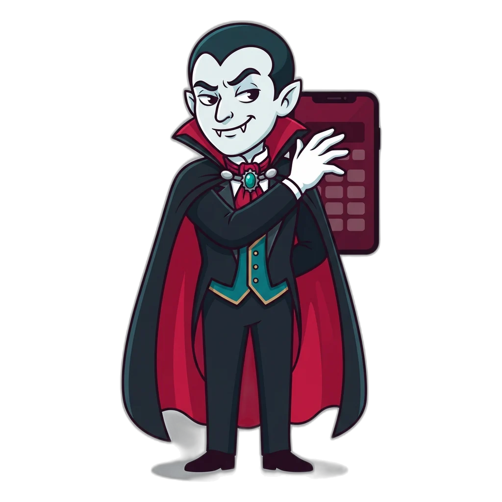 Caped vampire count reaching for a phone showing a UPI PIN pad